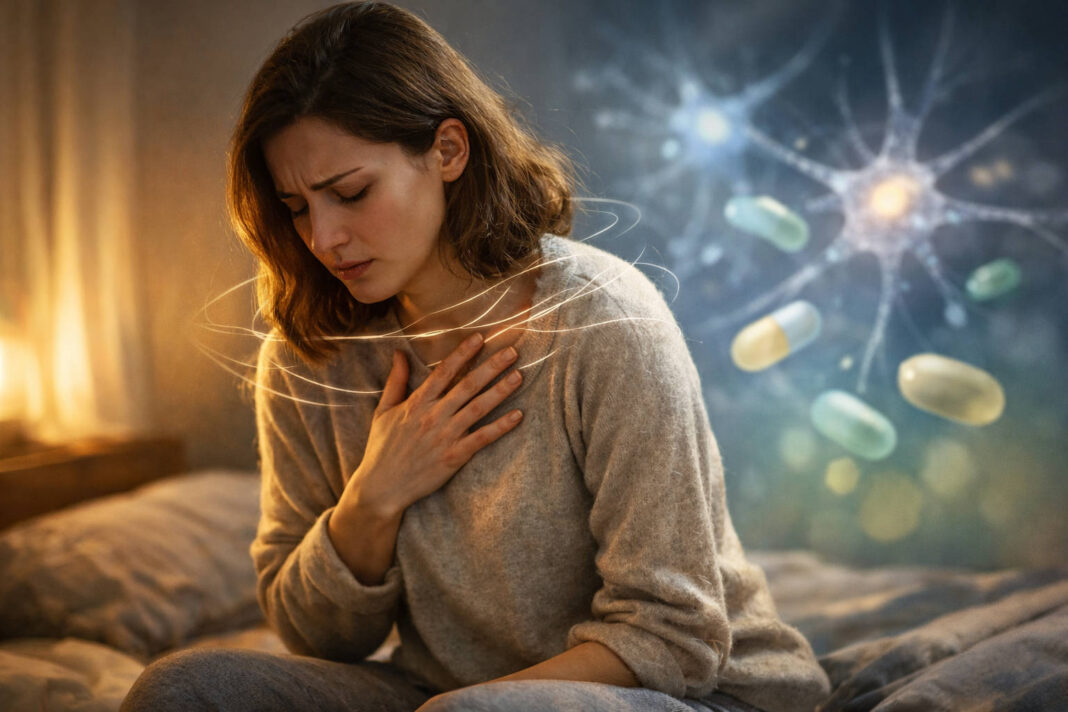 Kobieta z napadem lęku siedząca na łóżku, w tle ilustracja suplementów, związana z niedoborami