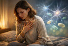 Kobieta z napadem lęku siedząca na łóżku, w tle ilustracja suplementów, związana z niedoborami