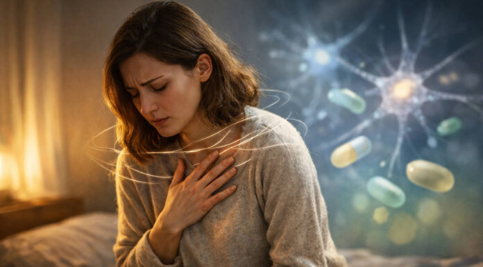 Kobieta z napadem lęku siedząca na łóżku, w tle ilustracja suplementów, związana z niedoborami