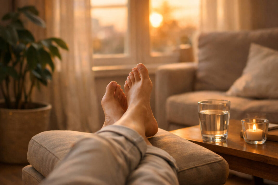 Mężczyzna odpoczywający na kanapie z opuchniętymi nogami