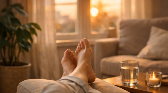 Obrzęki nóg bez chorób serca. Co może być przyczyną? Mężczyzna odpoczywający na kanapie z opuchniętymi nogami