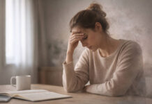 Zmęczona osłabiona kobieta trzymająca się za czoło, jedna z oznak niedoboru witaminy B2 (Ryboflawiny)