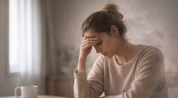Zmęczona osłabiona kobieta trzymająca się za czoło, jedna z oznak niedoboru witaminy B2 (Ryboflawiny)
