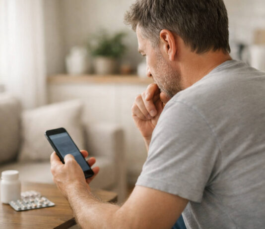 Mężczyzna zaciągający informacji o efektach ubocznych i niepożądanych leków