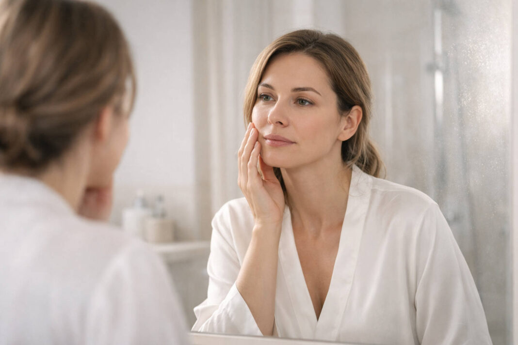 Kobieta po 30-tce przeglądająca się w lustrze, w kontekście trądziku u dorosłych