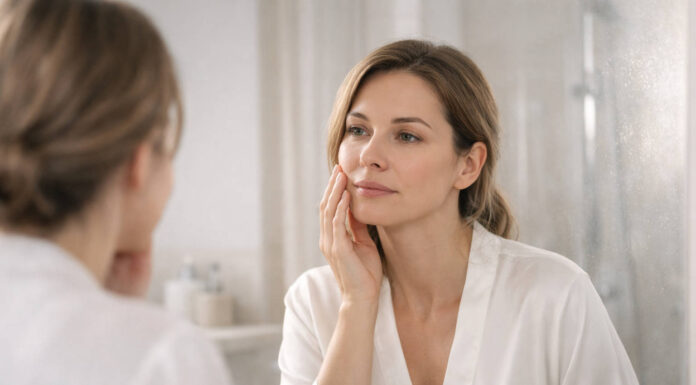 Trądzik po 30. roku życia – inne przyczyny niż u nastolatków Kobieta po 30-tce przeglądająca się w lustrze, w kontekście trądziku u dorosłych
