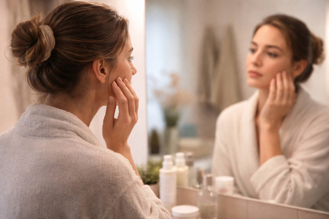 Kobieta przeglądająca się w lustrze w kontekście trądziku zapalnego