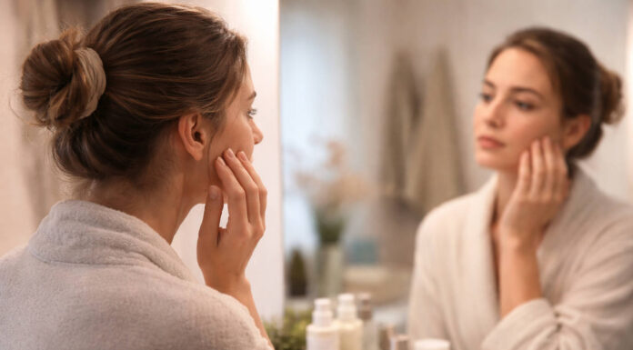 Kobieta przeglądająca się w lustrze w kontekście trądziku zapalnego