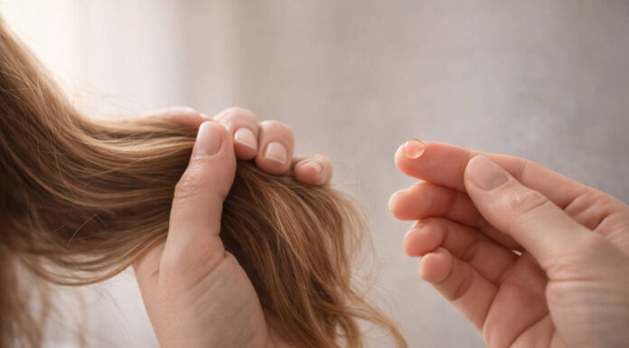 Kobieta trzymająca włosy, w kontekście ich wypadania - obok kropla suplementu (symbolicznie)