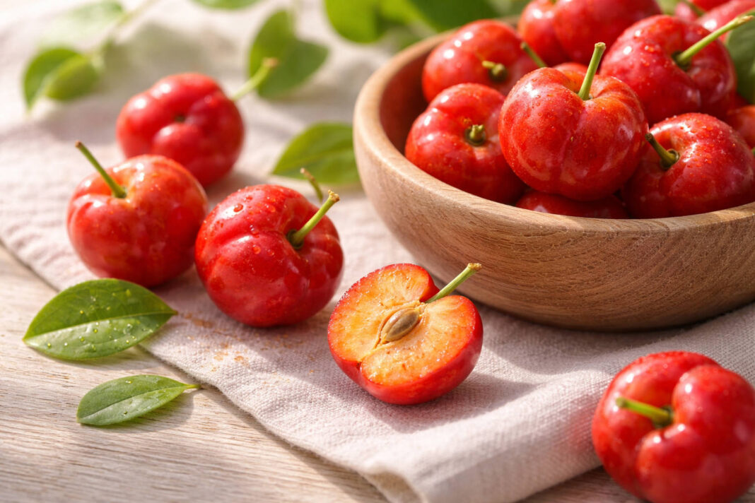 Owoce Aceroli na stole i w misce, podobne do wiśni