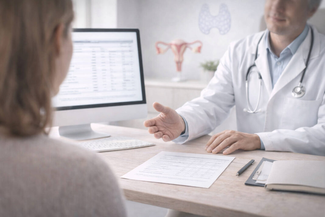 badania-hormonalne-art Kobieta podczas wizyty u lekarza, omawiającego badania hormonalne