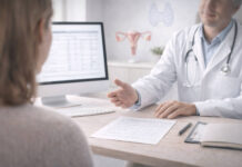 Kobieta podczas wizyty u lekarza, omawiającego badania hormonalne