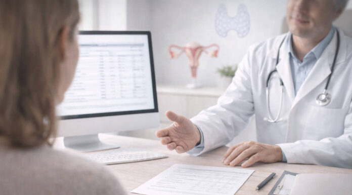 Badania hormonalne u kobiet. Kiedy i jakie wykonać? Kobieta podczas wizyty u lekarza, omawiającego badania hormonalne