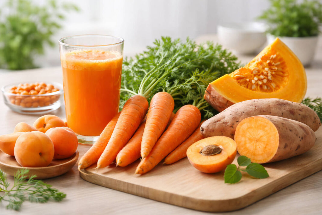 Produkty bogate w beta-karoten, szklanka soku z marchewki, dynia i marchewki na stole