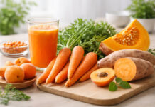 Produkty bogate w beta-karoten, szklanka soku z marchewki, dynia i marchewki na stole