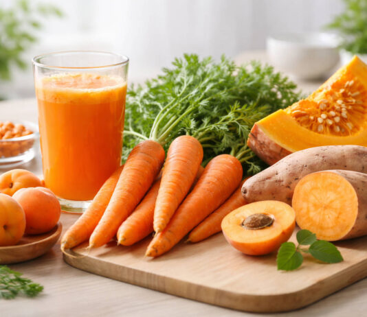 Produkty bogate w beta-karoten, szklanka soku z marchewki, dynia i marchewki na stole