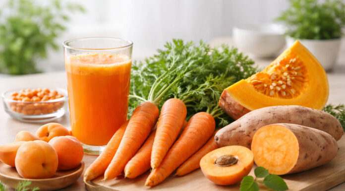 Znaczenie B-karotenu dla skóry, wzroku i odporności Produkty bogate w beta-karoten, szklanka soku z marchewki, dynia i marchewki na stole
