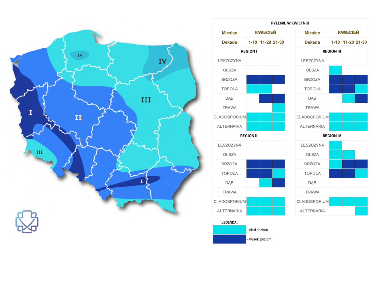 Mapa pylenia w kwietniu w Polsce