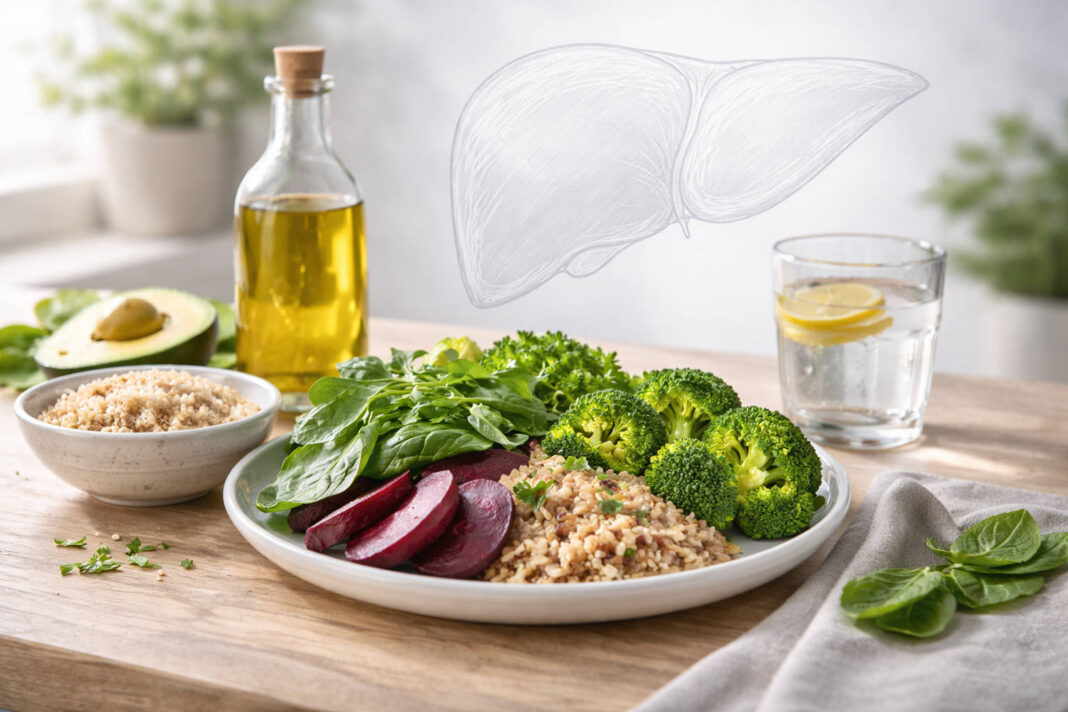 Danie zdrowe dla wątroby, w tle rysunek wątroby