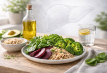 Danie zdrowe dla wątroby, w tle rysunek wątroby