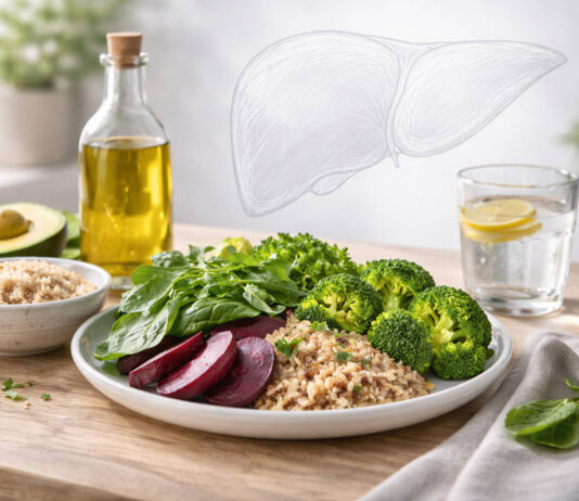 Danie zdrowe dla wątroby, w tle rysunek wątroby