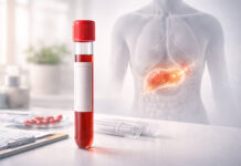 Symboliczna probówka z krwią, a w tle ludzki organizm z zaznaczonym obszarem działania