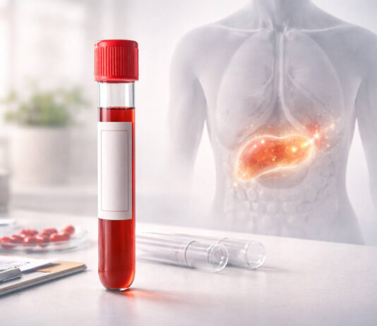 Symboliczna probówka z krwią, a w tle ludzki organizm z zaznaczonym obszarem działania