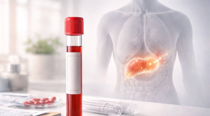 Symboliczna probówka z krwią, a w tle ludzki organizm z zaznaczonym obszarem działania