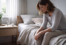 Przemęczona kobieta na łóżku chorująca na Hashimoto