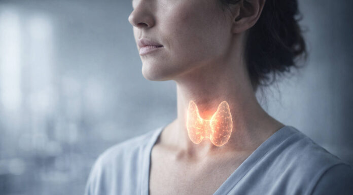 Kobieta z oznaczoną na pomarańczowo tarczycą w kontekście hasnimoto