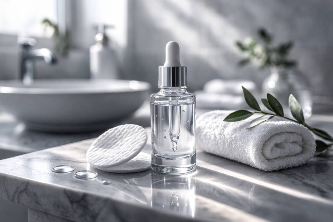 kwas-salicylowy-bha-art Buteleczka z pipetą z kwasem salicylowym BHA, waciki, ręcznik - w tle łazienka