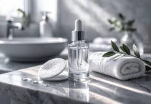 Kwas salicylowy (BHA) – jak działa na skórę i kiedy go unikać? Buteleczka z pipetą z kwasem salicylowym BHA, waciki, ręcznik - w tle łazienka