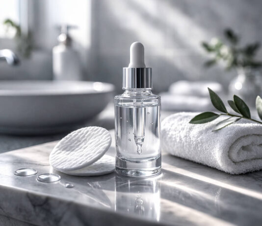 Kwas salicylowy (BHA) – jak działa na skórę i kiedy go unikać? Buteleczka z pipetą z kwasem salicylowym BHA, waciki, ręcznik - w tle łazienka