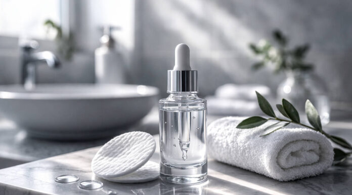 Buteleczka z pipetą z kwasem salicylowym BHA, waciki, ręcznik - w tle łazienka