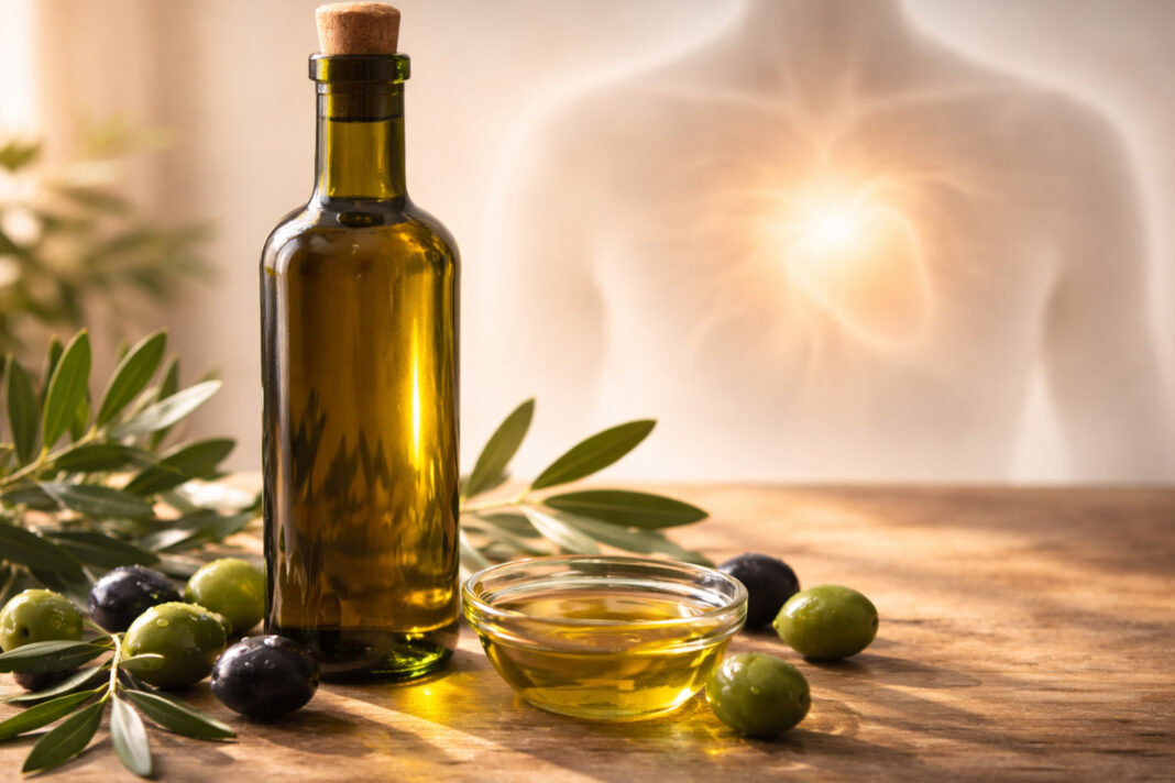 Na stole butelka oliwy z oliwek, oliwki z listkami. W tle ilustracja zdrowej sylwetki człowieka i dobrze pracującego serca