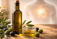 Na stole butelka oliwy z oliwek, oliwki z listkami. W tle ilustracja zdrowej sylwetki człowieka i dobrze pracującego serca