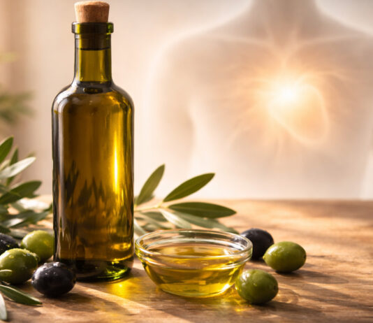 Na stole butelka oliwy z oliwek, oliwki z listkami. W tle ilustracja zdrowej sylwetki człowieka i dobrze pracującego serca