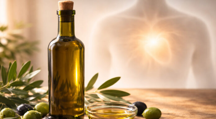 Na stole butelka oliwy z oliwek, oliwki z listkami. W tle ilustracja zdrowej sylwetki człowieka i dobrze pracującego serca