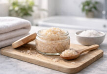 Peeling solny, kiedy warto go stosować i dla kogo? Słoiczek peelingu solnego, ręcznik i łyżeczka