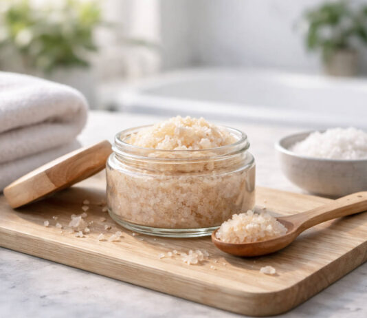 Peeling solny, kiedy warto go stosować i dla kogo? Słoiczek peelingu solnego, ręcznik i łyżeczka