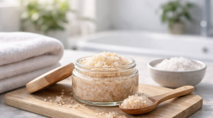 Słoiczek peelingu solnego, ręcznik i łyżeczka