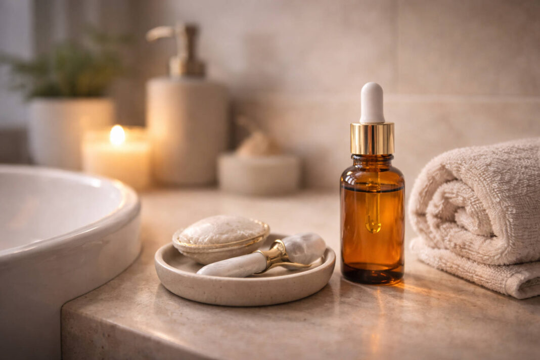 retinol-dzialanie Kompozycja wieczornej pielęgnacji, buteleczka z retinolem w łazience