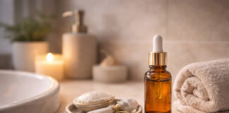 Retinol, jak działa na skórę i jak go stosować bez podrażnień? Kompozycja wieczornej pielęgnacji, buteleczka z retinolem w łazience