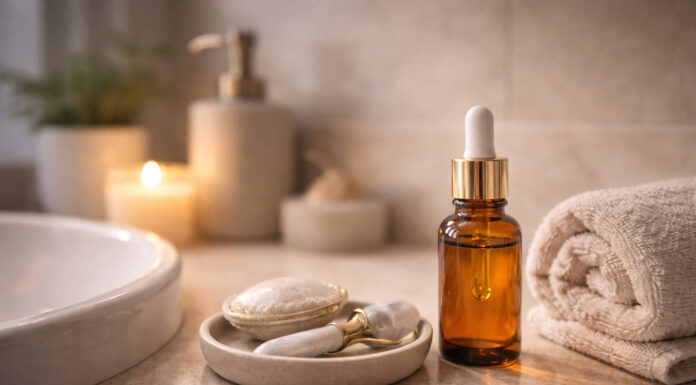 Kompozycja wieczornej pielęgnacji, buteleczka z retinolem w łazience