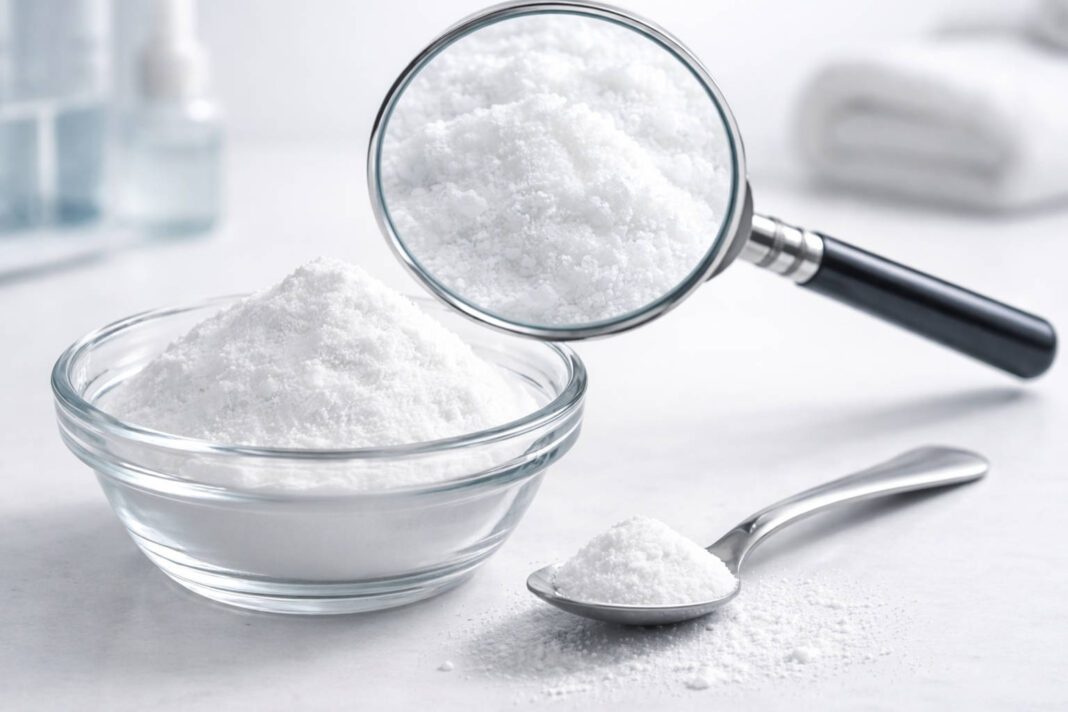 Miseczka i łyżka sody oczyszczonej pod lupą