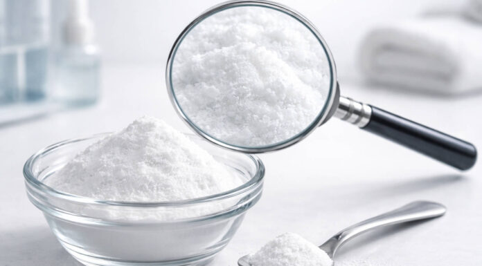 Miseczka i łyżka sody oczyszczonej pod lupą