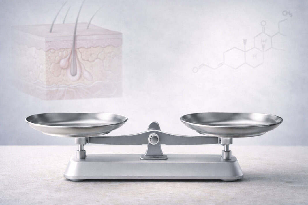 Waga, a w tle półprzezroczyste: rysunek skóry trądzikowej i wzór chemiczny symbolizujący hormony