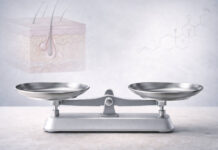 Waga, a w tle półprzezroczyste: rysunek skóry trądzikowej i wzór chemiczny symbolizujący hormony