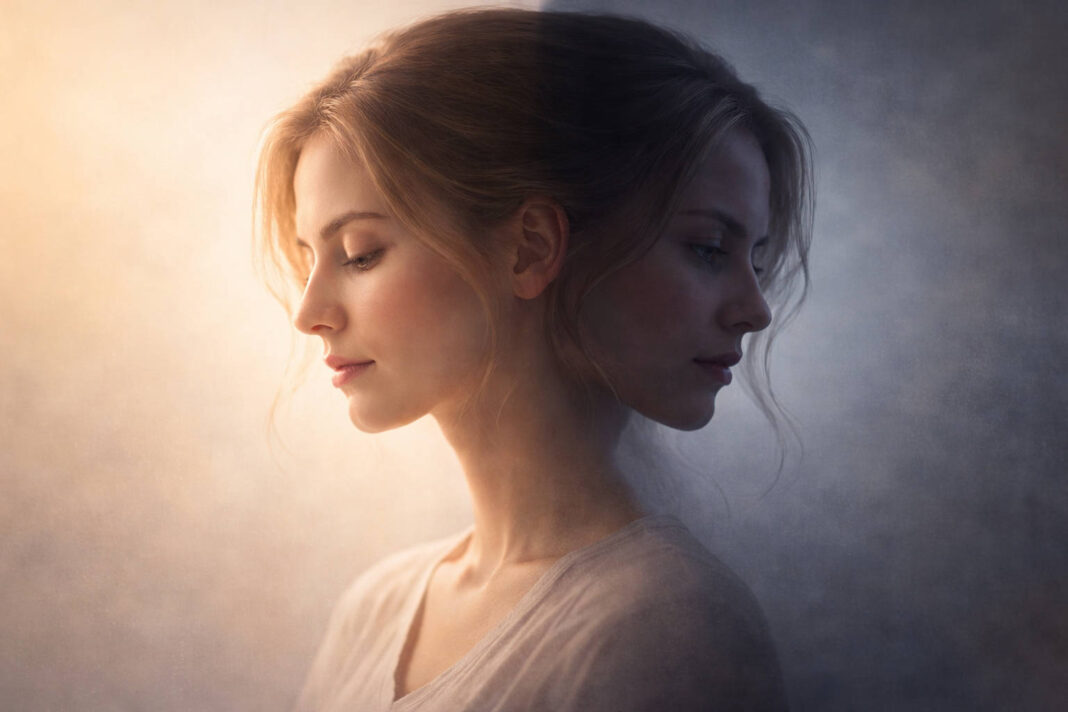 wahania-nastroju-rozdraznienie Abstrakcyjna grafika ukazująca wahania nastroju, dwie twarze, ciemna i jasna strona