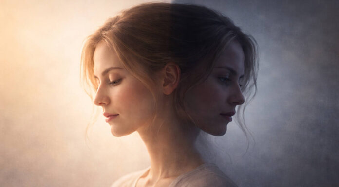 Abstrakcyjna grafika ukazująca wahania nastroju, dwie twarze, ciemna i jasna strona